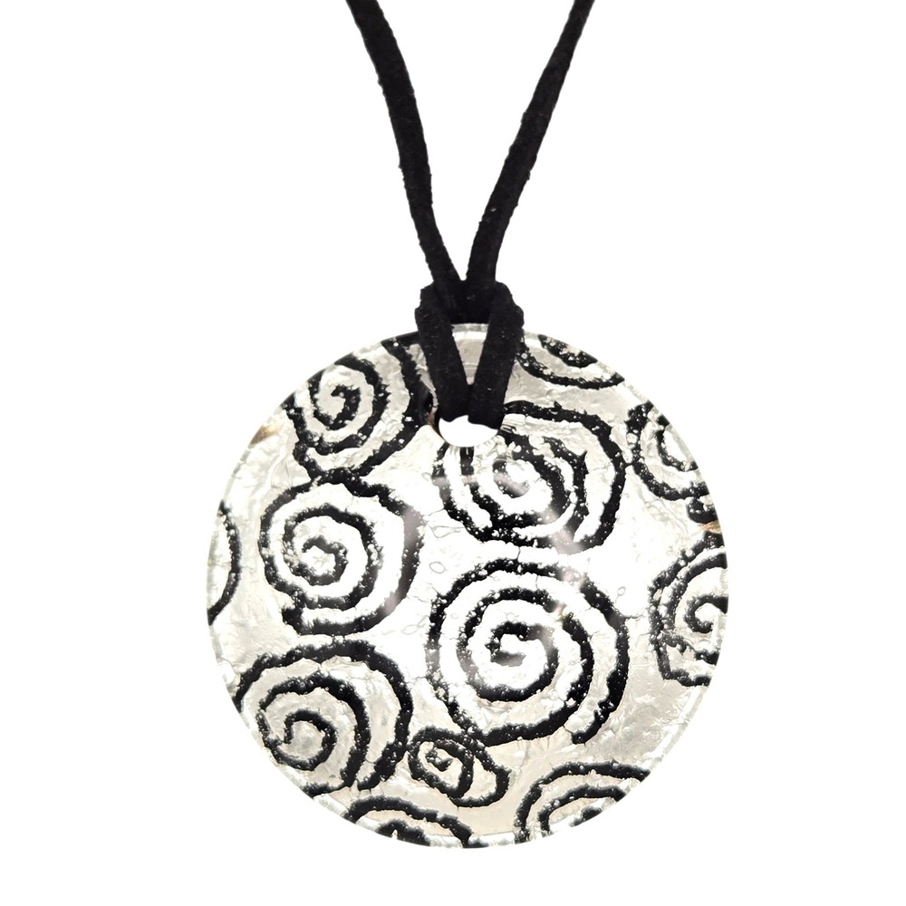 Round Dichroic Glass Pendant Necklace Black Swirls Suede Cord Adjustable Closure